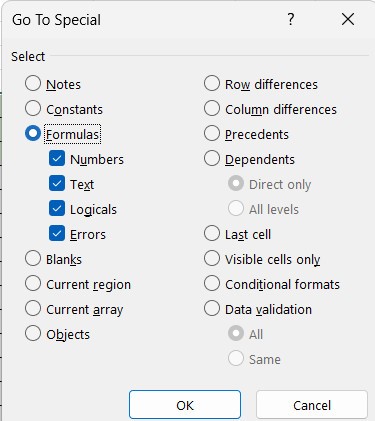 Click chọn Formulas trong bảng Go to Special
