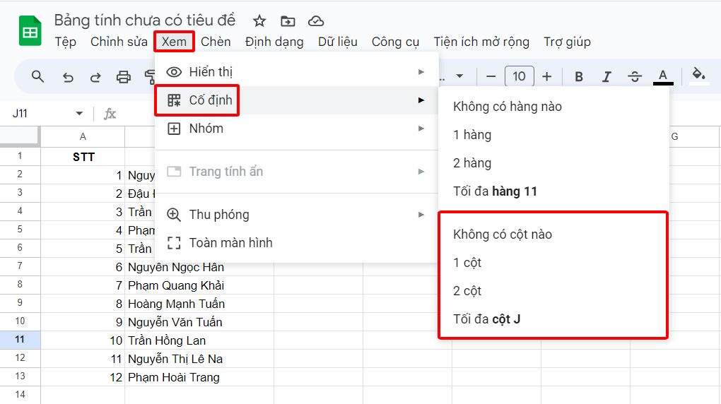Cố định cột trong Google Sheet