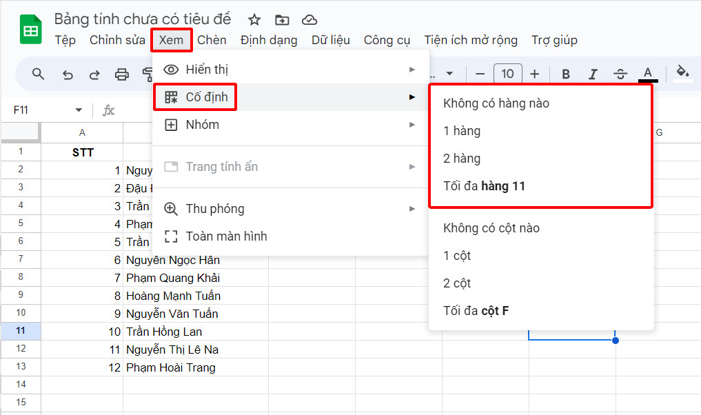 Cố định hàng trong Google Sheet