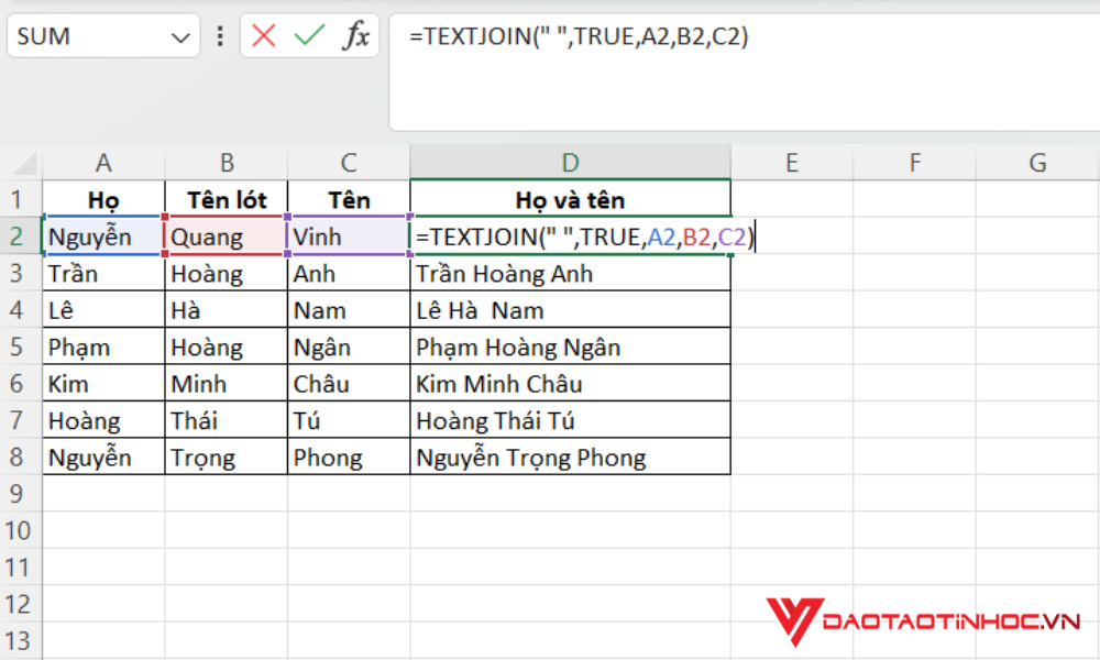 Cộng chuỗi Excel bằng hàm TEXTJOIN