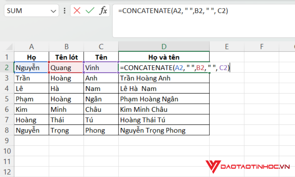 Cộng chuỗi trong Excel bằng hàm CONCATENATE 2