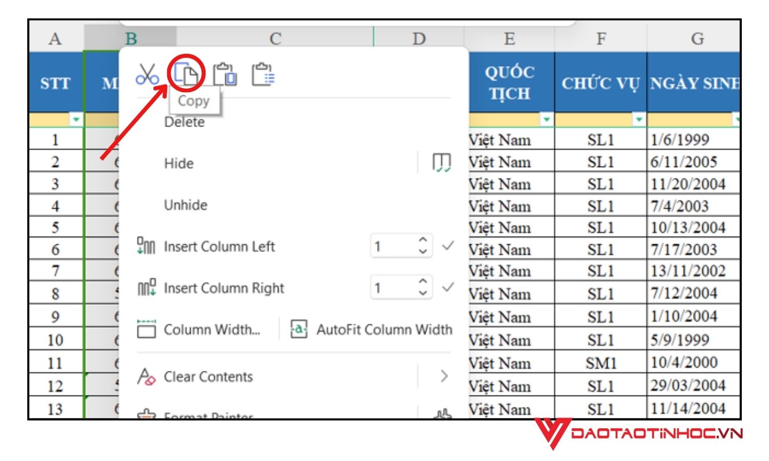 Copy, Paste & Delete đổi vị trí cột trong Excel bước 1, 2