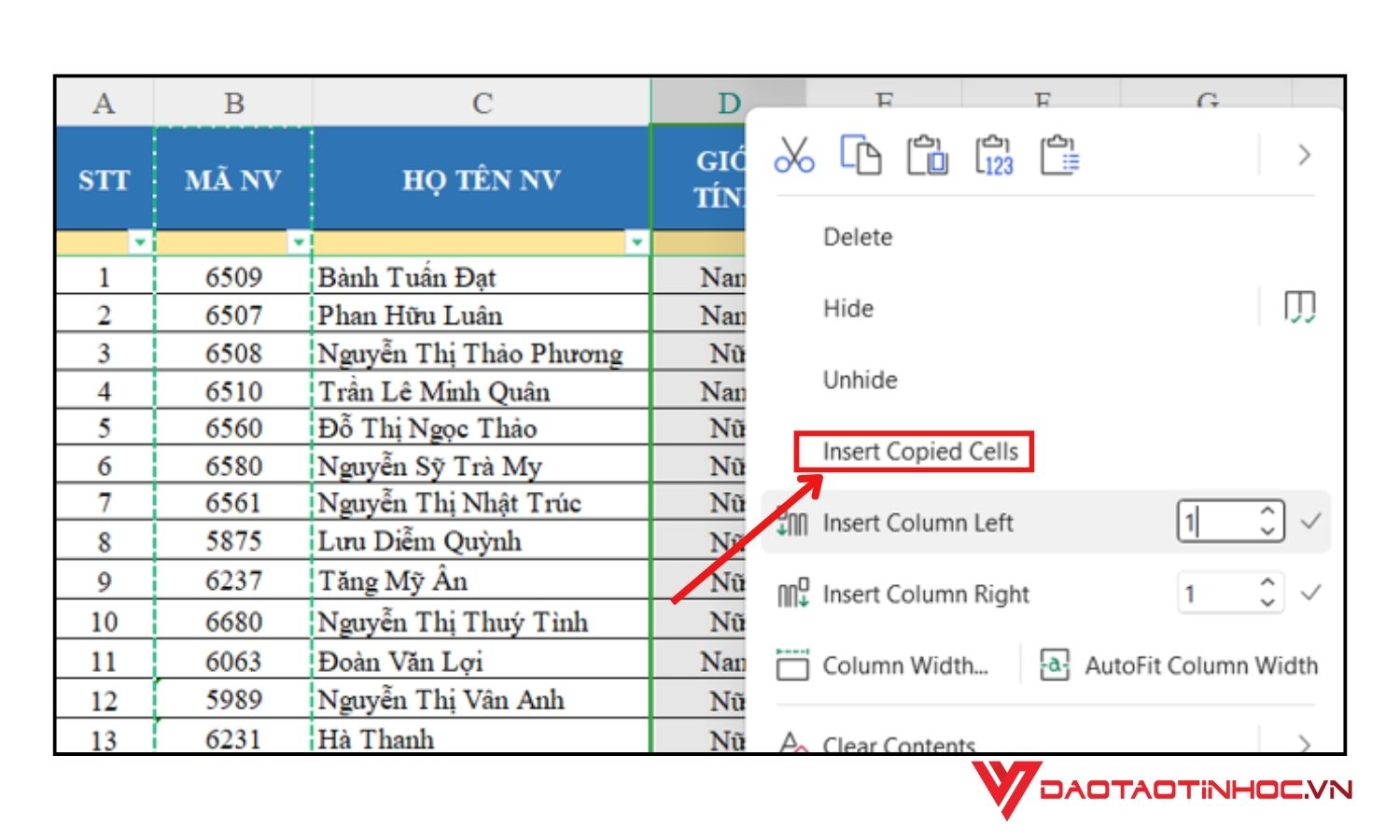 Copy, Paste & Delete đổi vị trí cột trong Excel bước 3