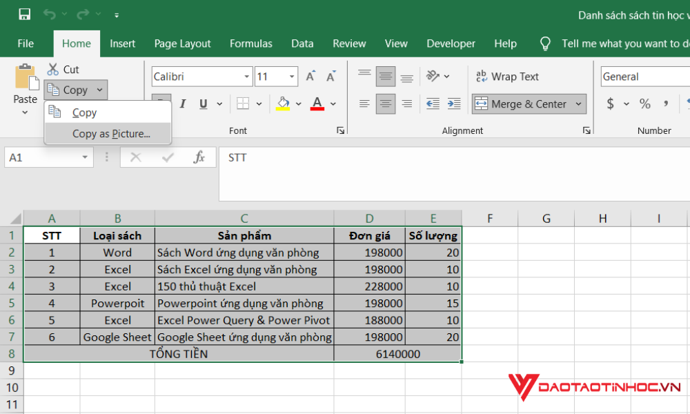 Copy từ Excel sang Word bằng Copy as Picture bước 1