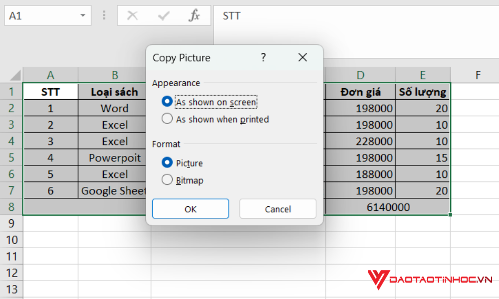 Copy từ Excel sang Word bằng Copy as Picture bước 2