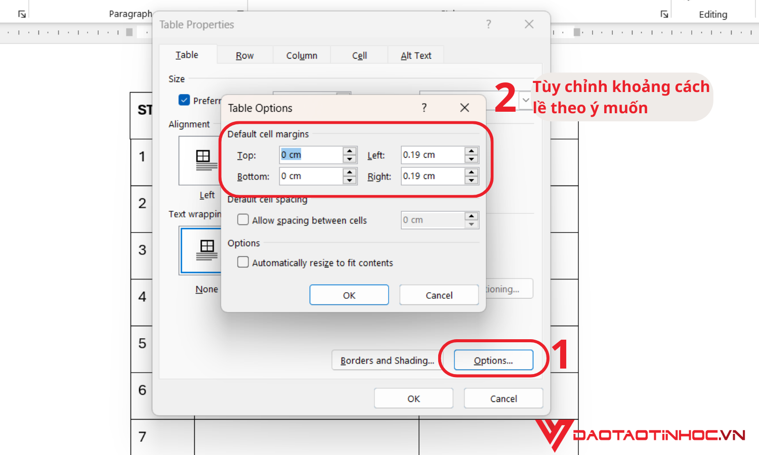 Điều chỉnh khoảng cách lề trong ô