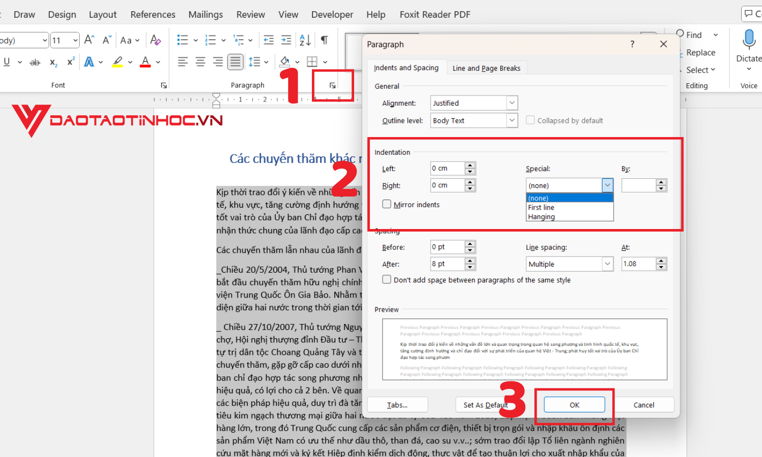 Điều chỉnh thụt đầu dòng