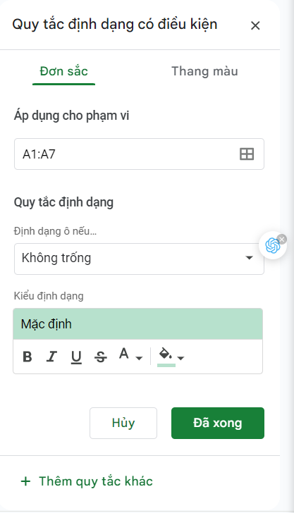 Định dạng có điều kiện trong Google Sheet