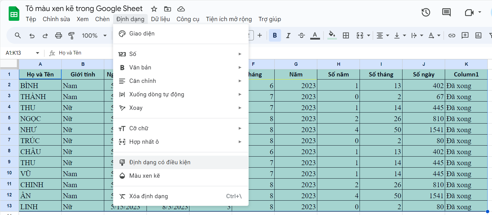Định dạng màu có điều kiện trong Google Sheet 1