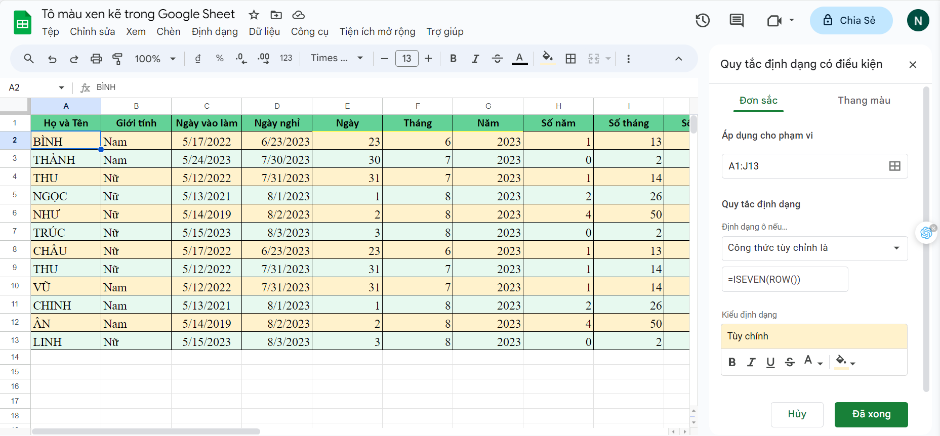 Định dạng màu có điều kiện trong Google Sheet 2