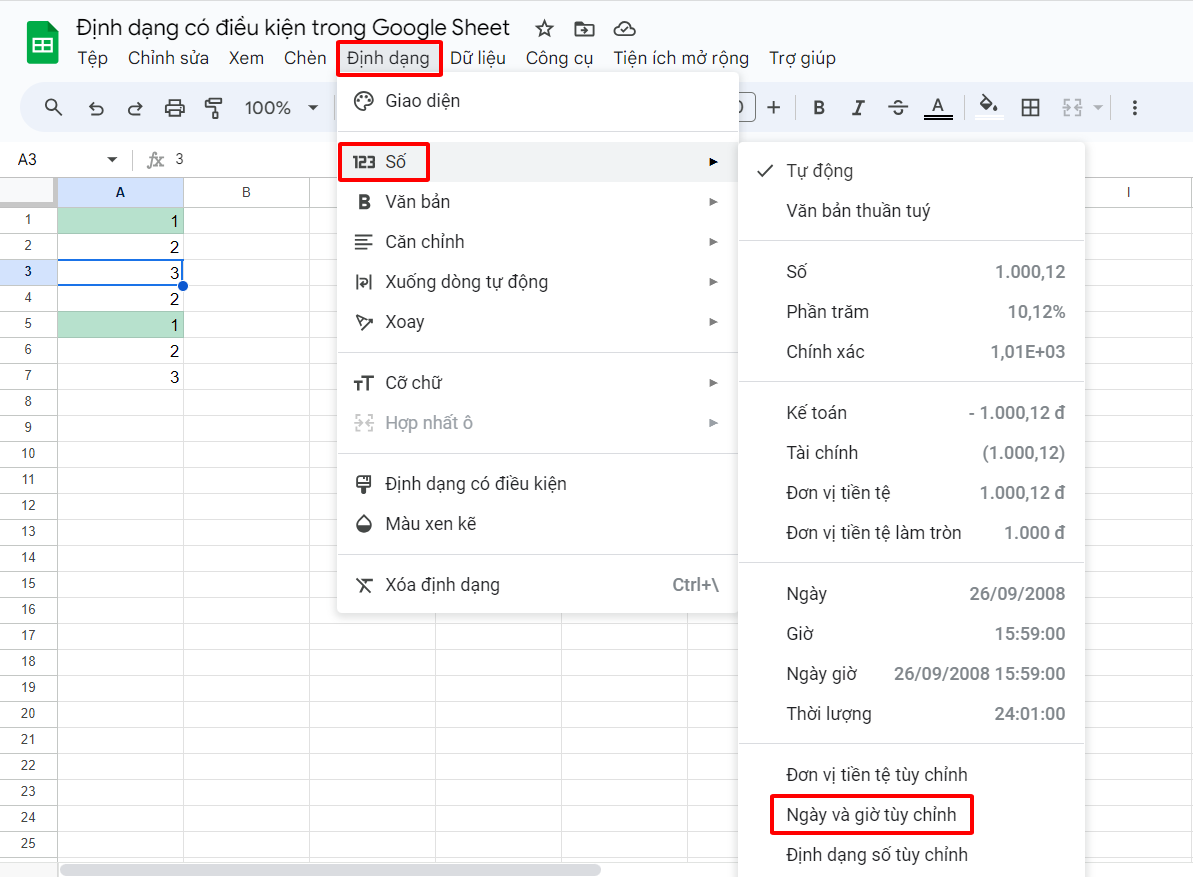 Đinh dạng ngày tháng trong Google Sheet
