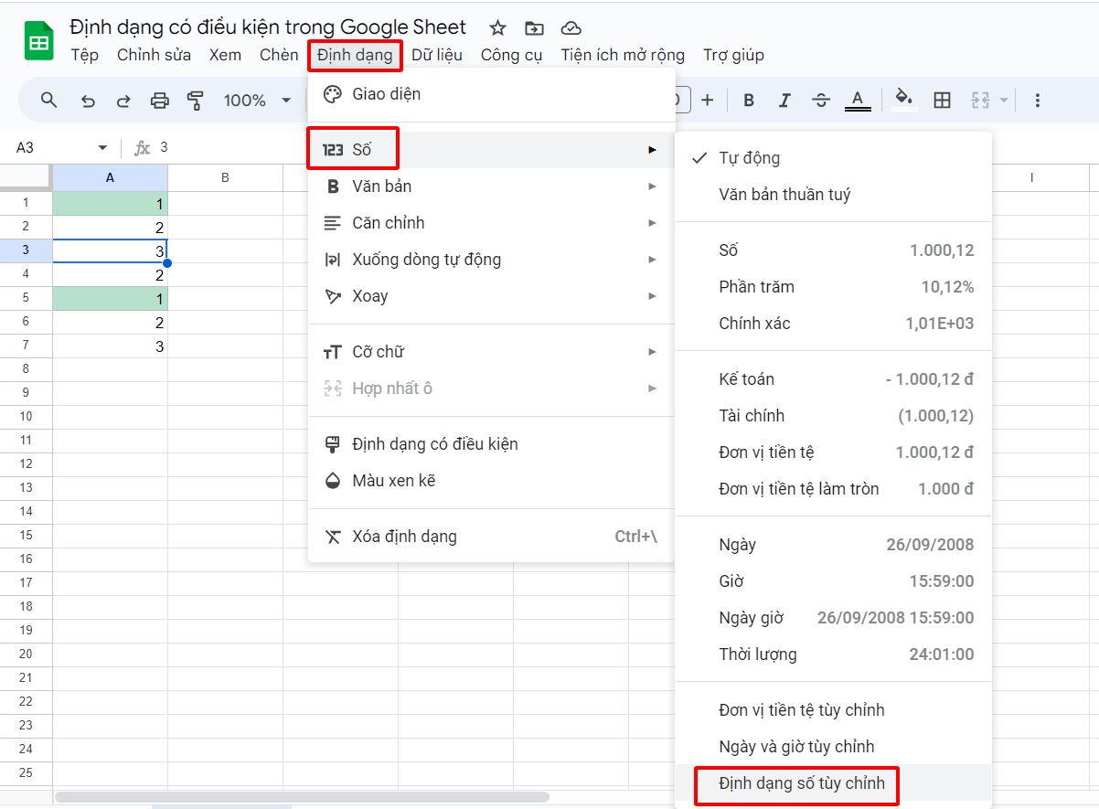 Định dạng số trong Google Sheet