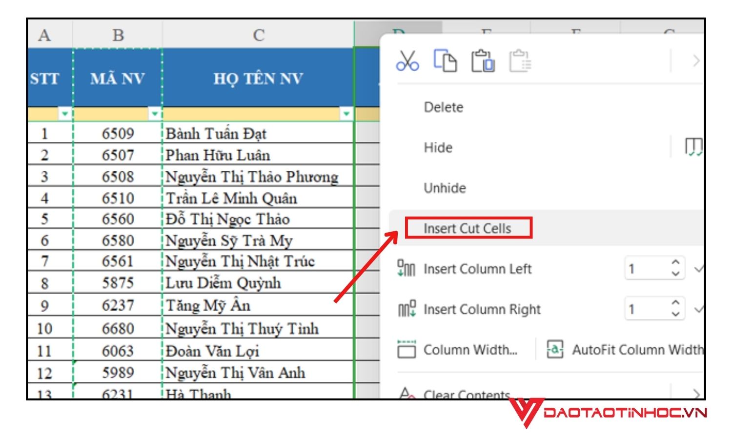 Đổi vị trí cột trong Excel bằng Cut & Insert - Bước 3