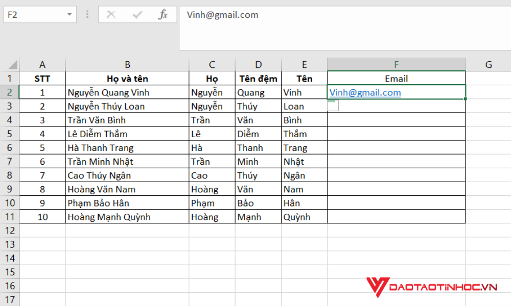 Dùng Flash Fill để định dạng dữ liệu bước 1