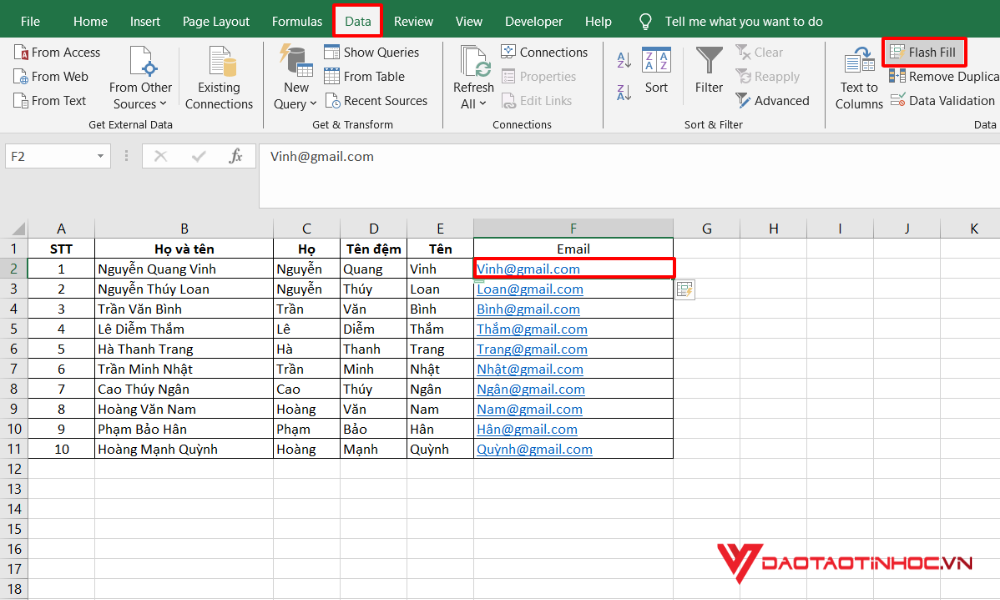 Dùng Flash Fill để định dạng dữ liệu bước 2
