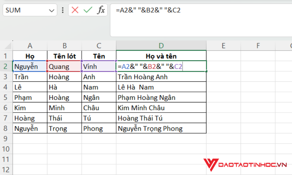 Ghép chuỗi trong Excel bằng dấu “&”