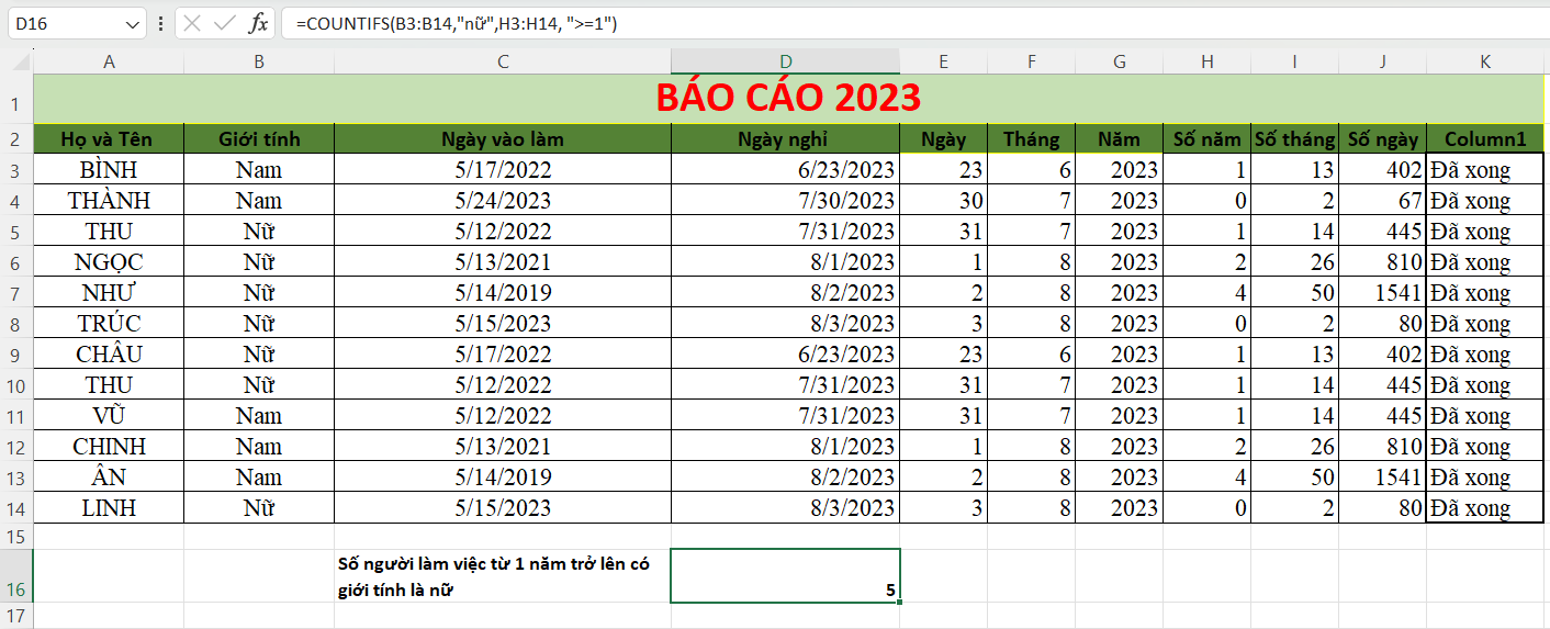 Hàm COUNTIFS trong Excel