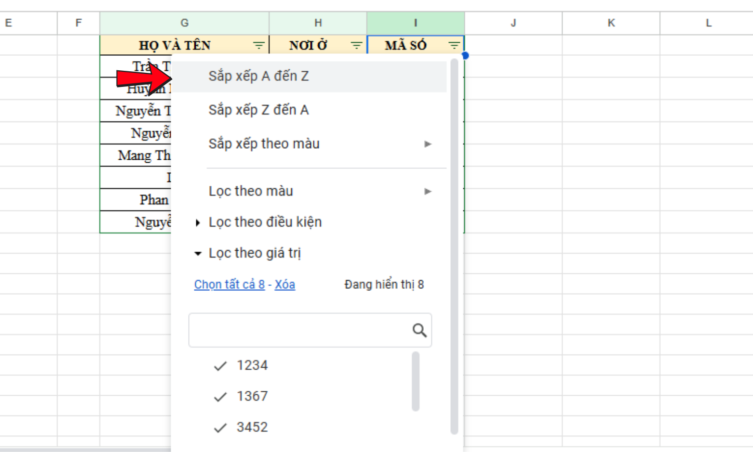 Hình 4. Hướng dẫn cách tạo bộ lọc trong Google Sheet