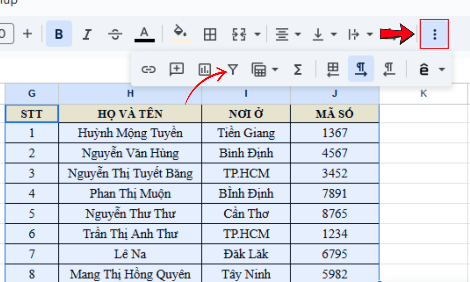 Hình 3. Hướng dẫn cách tạo bộ lọc trong Google Sheet