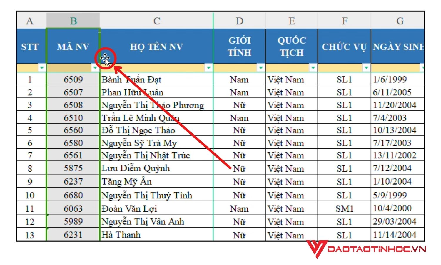 Kéo thả đổi vị trí cột trong Excel - Bước 2