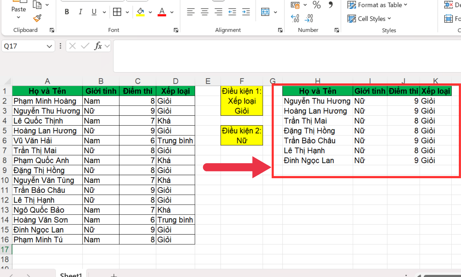 Sử dụng hàm để lọc dữ liệu nhiều điều kiện - bước 1