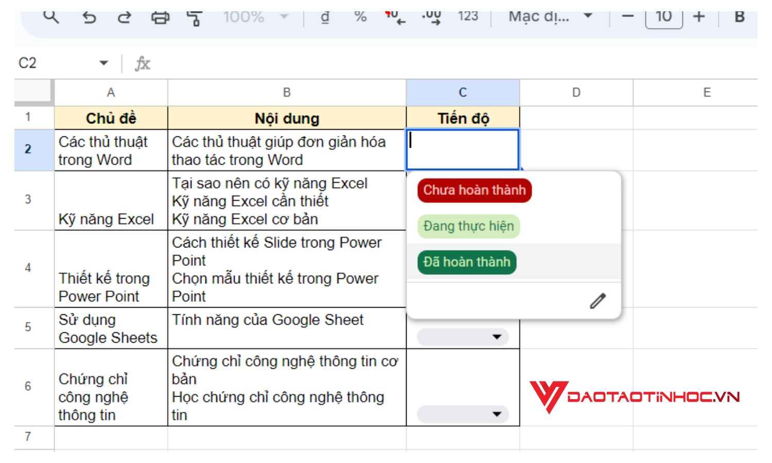 Tạo lựa chọn có màu trên Google Sheet