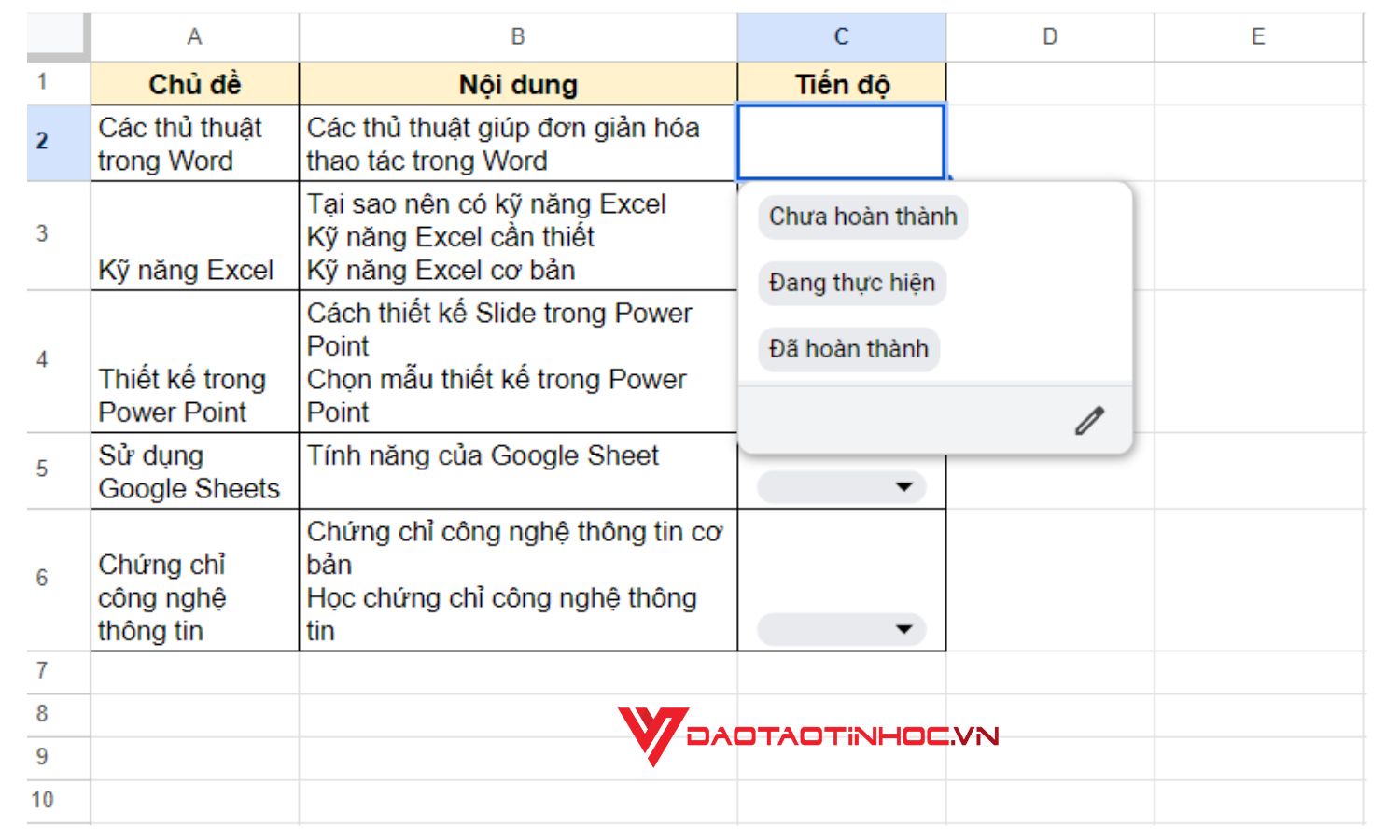 Kết quả tạo lựa chọn trên Google Sheet bằng cách tự nhập