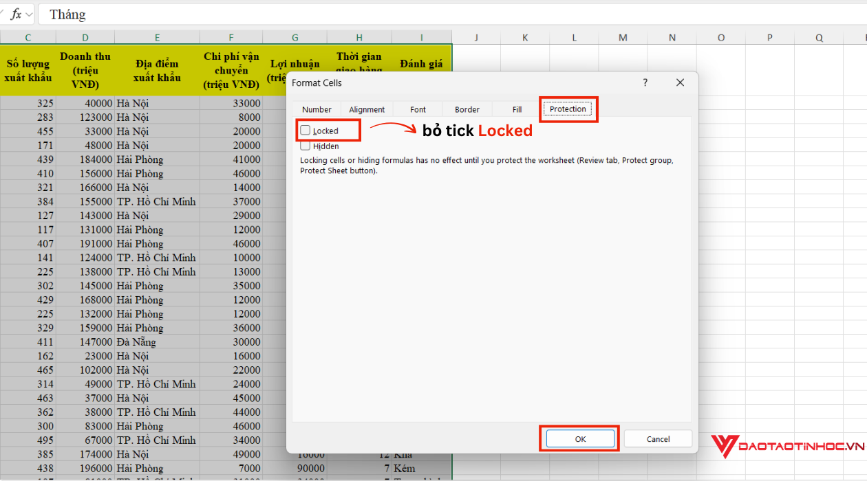 Khóa cột bảo vệ nội dung - Bước 3