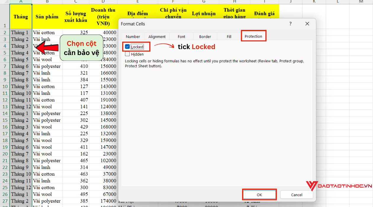 Khóa cột bảo vệ nội dung - Bước 4