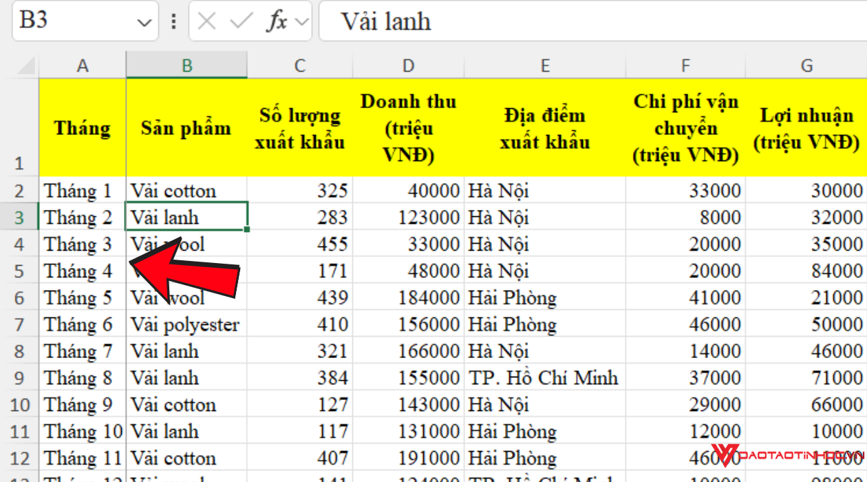 Kết quả khóa hiển thị cột dòng đầu tiên