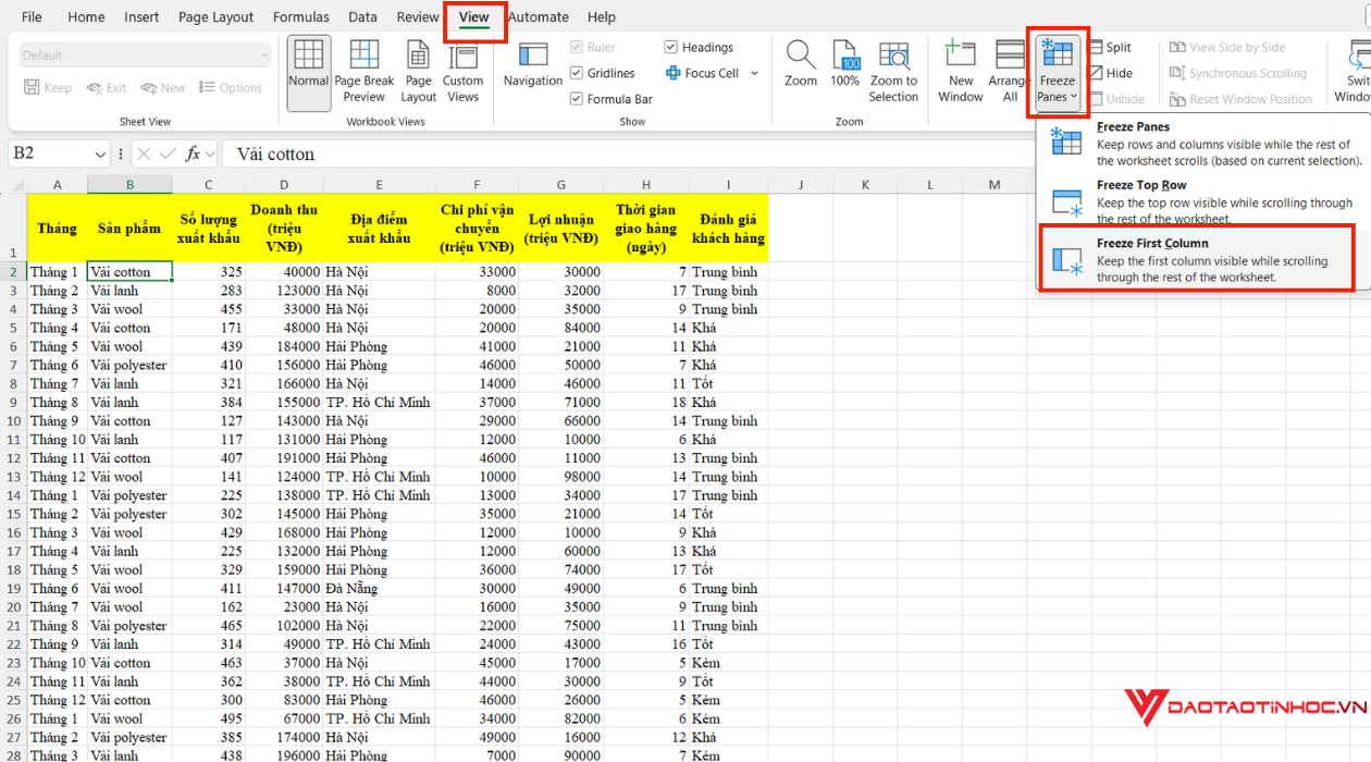 Các bước khóa hiển thị cột dòng đầu tiên