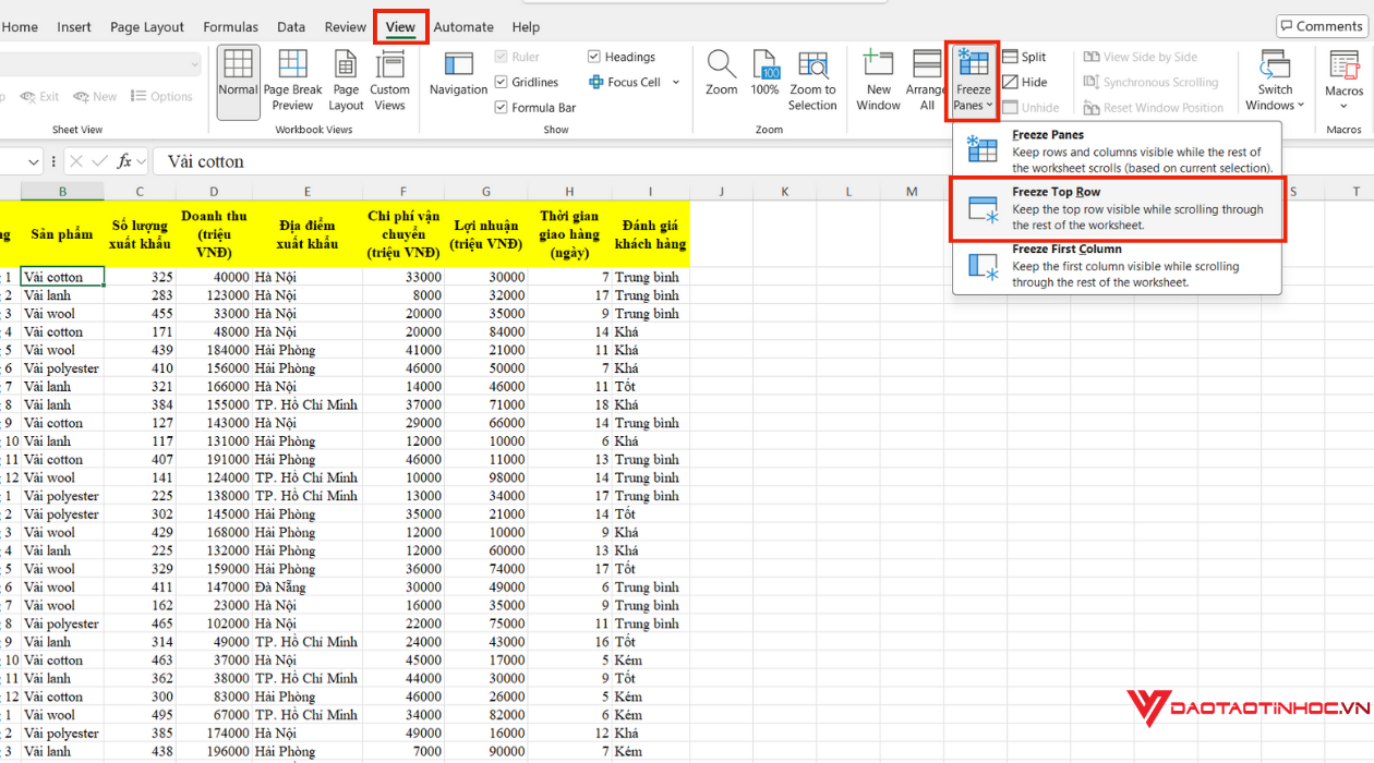 Các bước khóa hiển thị dòng đầu tiên
