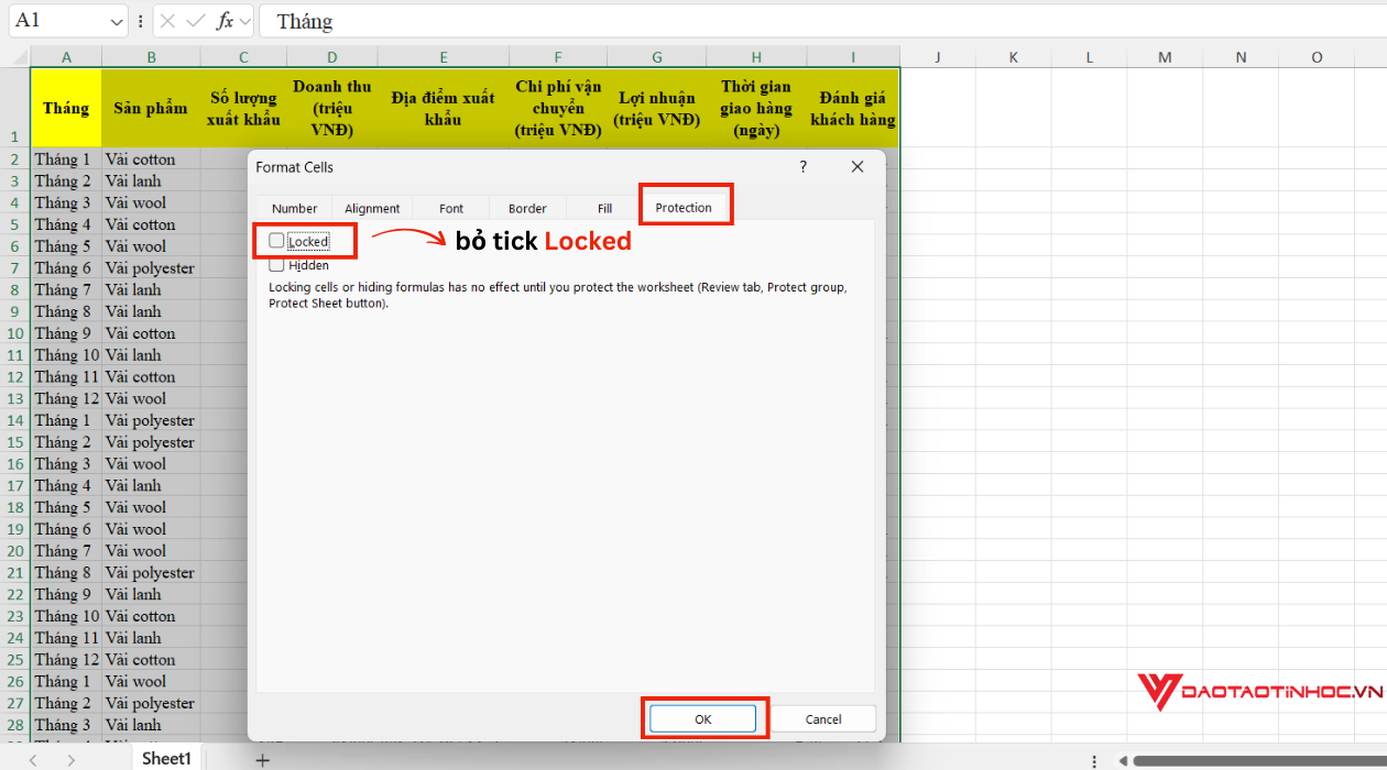 Khóa ô trong Excel - Bước 1