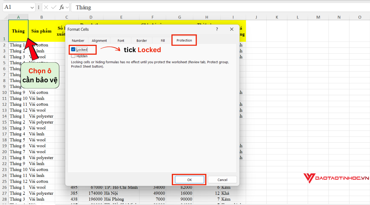 Khóa ô trong Excel - Bước 2