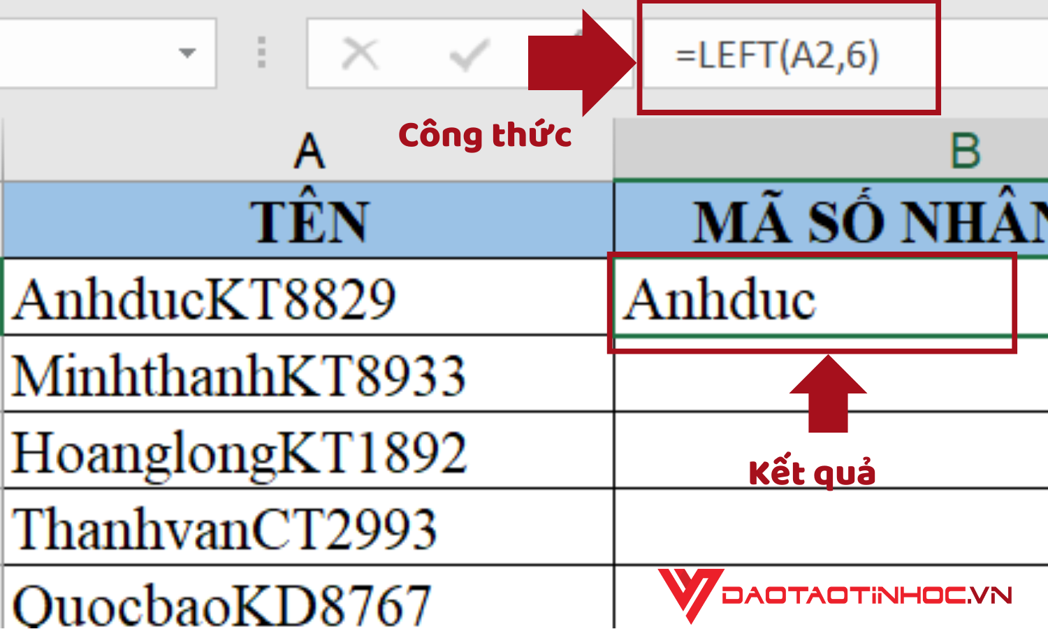 Left - Hàm bỏ ký tự cuối trong Excel