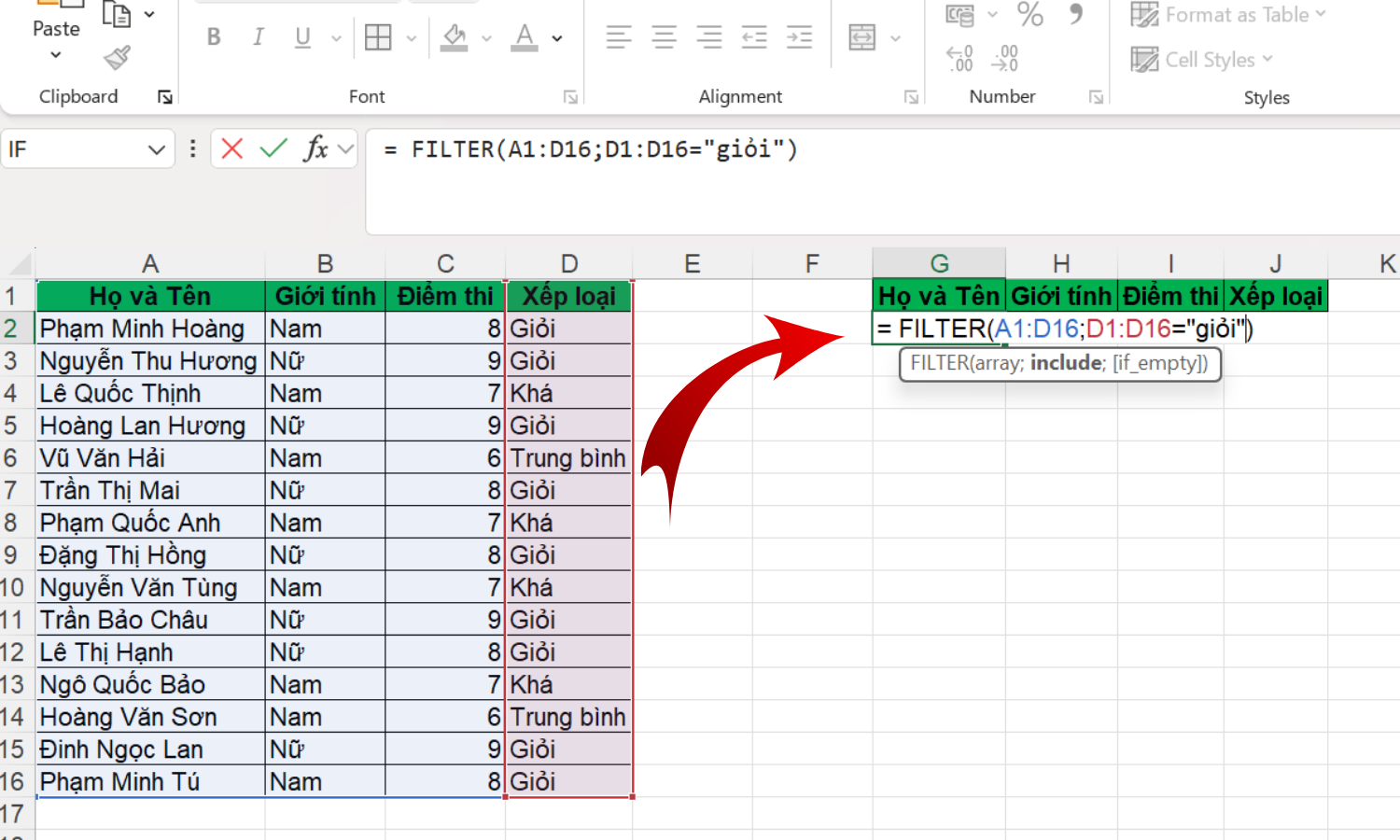 Sử dụng hàm để lọc dữ liệu với 1 điều kiện - bước 1