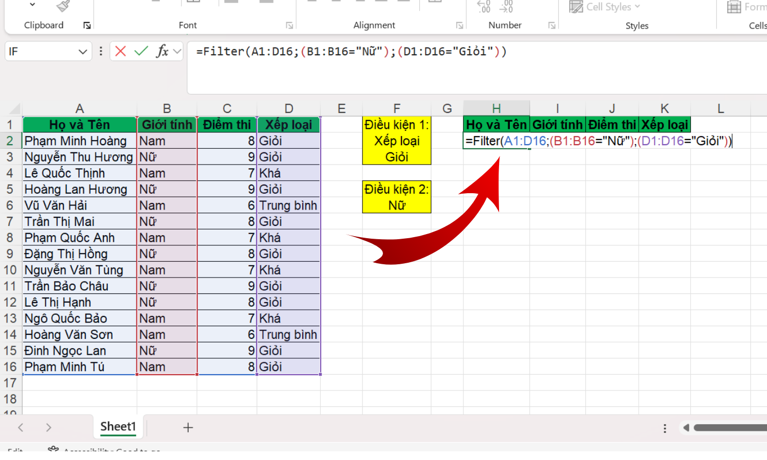 Sử dụng hàm để lọc dữ liệu nhiều điều kiện - bước 1