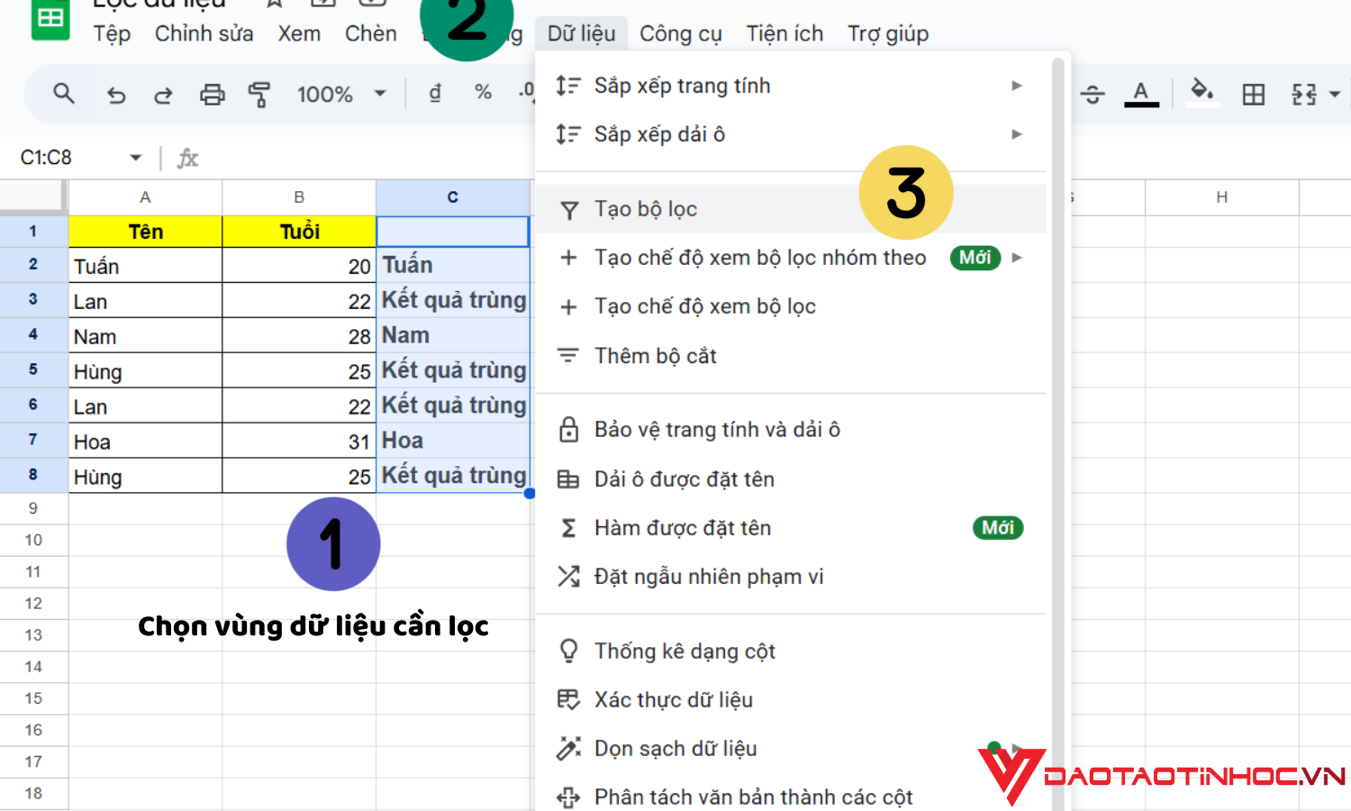 Lọc giá trị trùng xuất hiện 2 lần trở đi bước 2