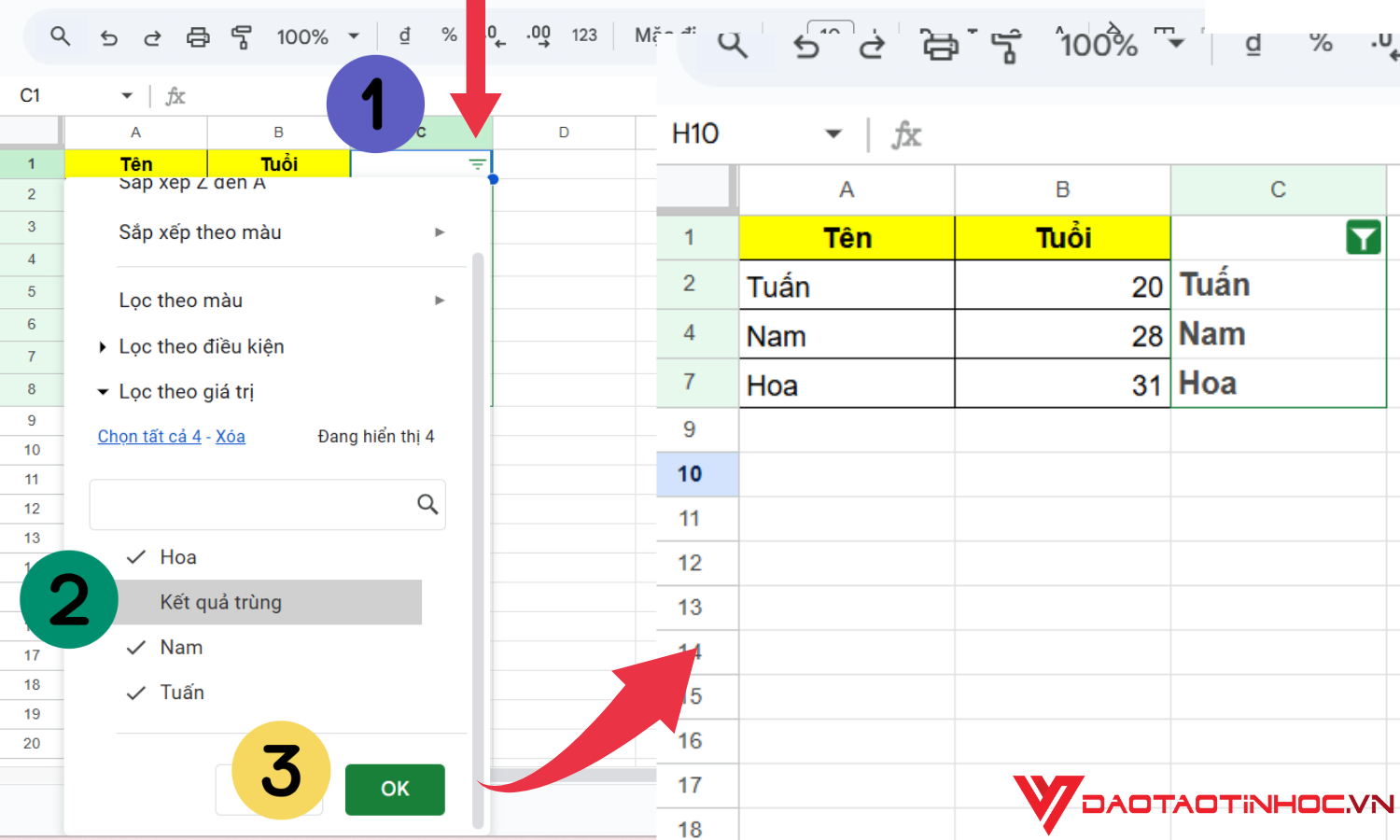 Lọc giá trị trùng xuất hiện 2 lần trở đi bước 3