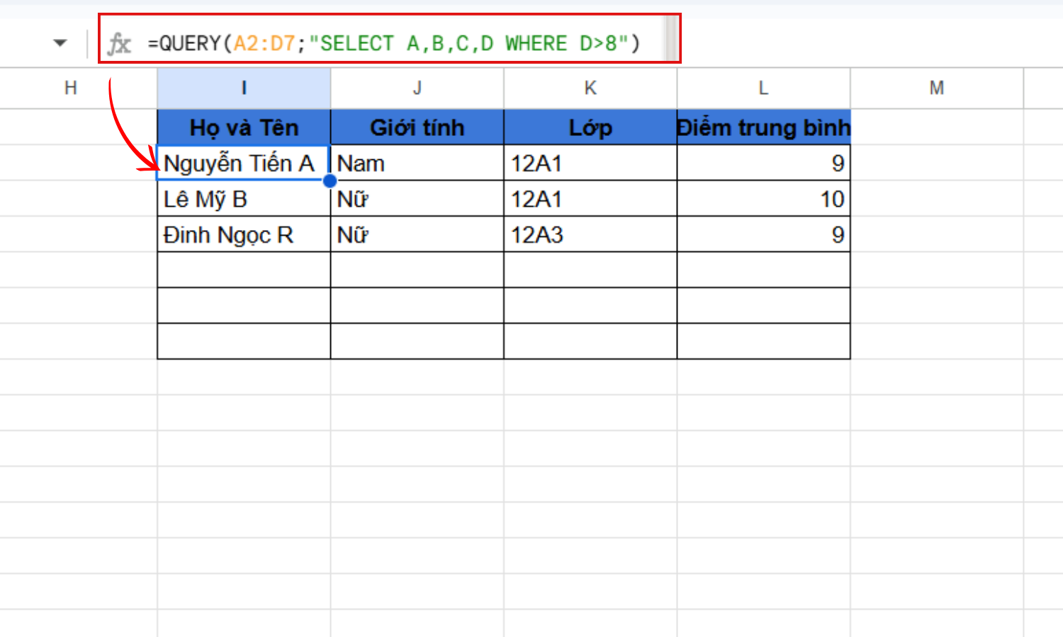 Lọc những học sinh có điểm trên 8