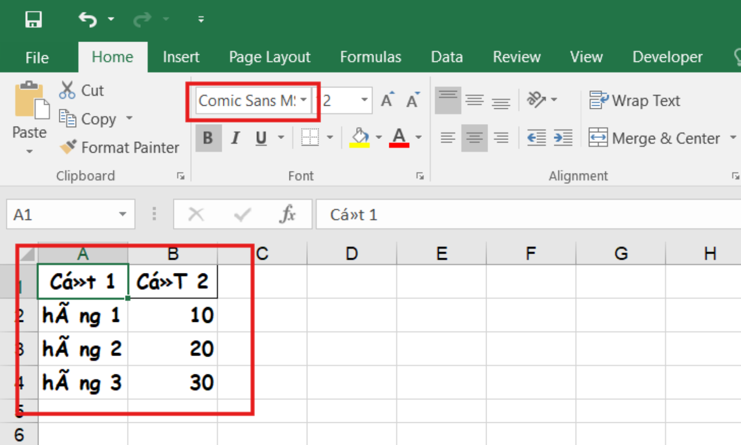 Lỗi font chữ trong Excel - lỗi font không tương thích