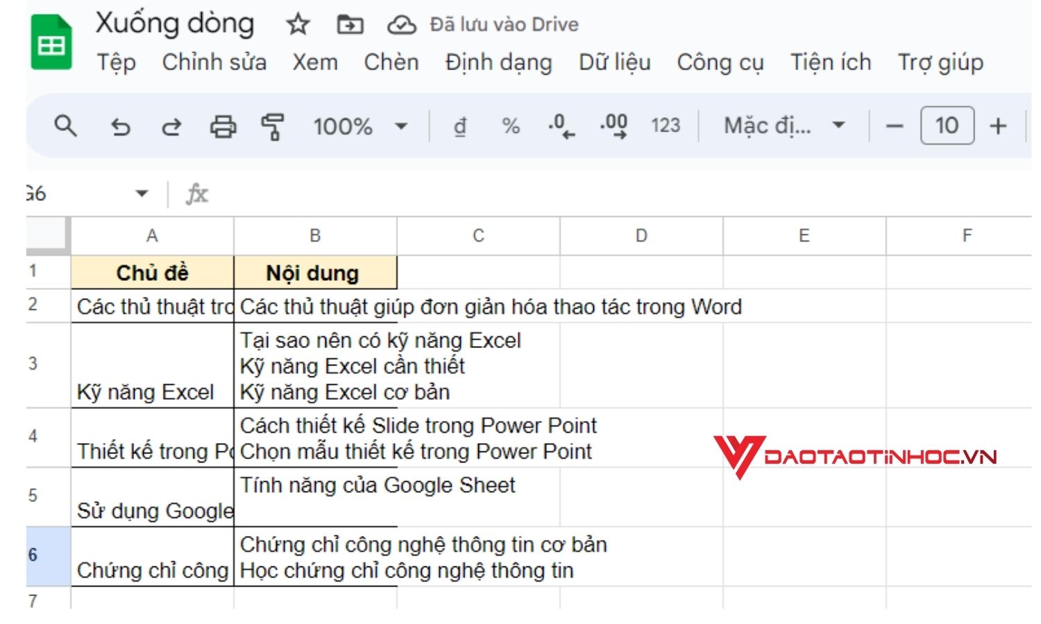 Minh họa xuống dòng trong Google Sheet