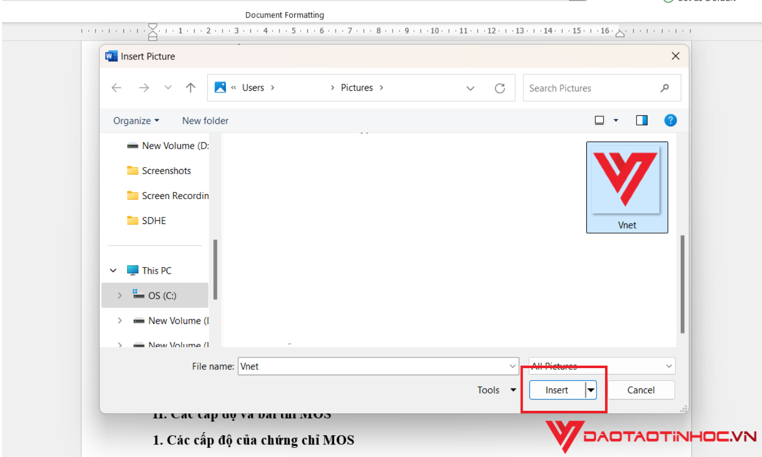 Nhấn Insert để xác nhận sử dụng ảnh
