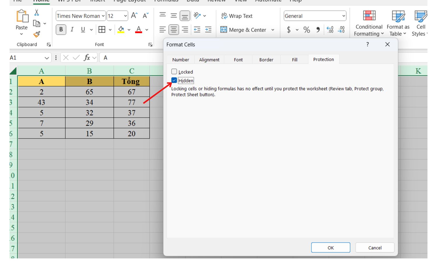 Phím tắt ẩn công thức trong Excel
