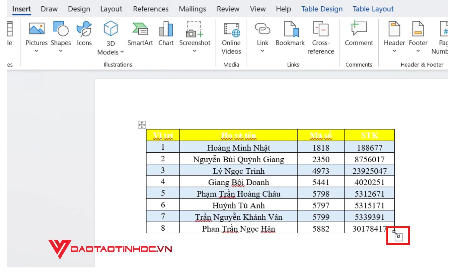 Phóng to thu nhỏ bảng trong Word