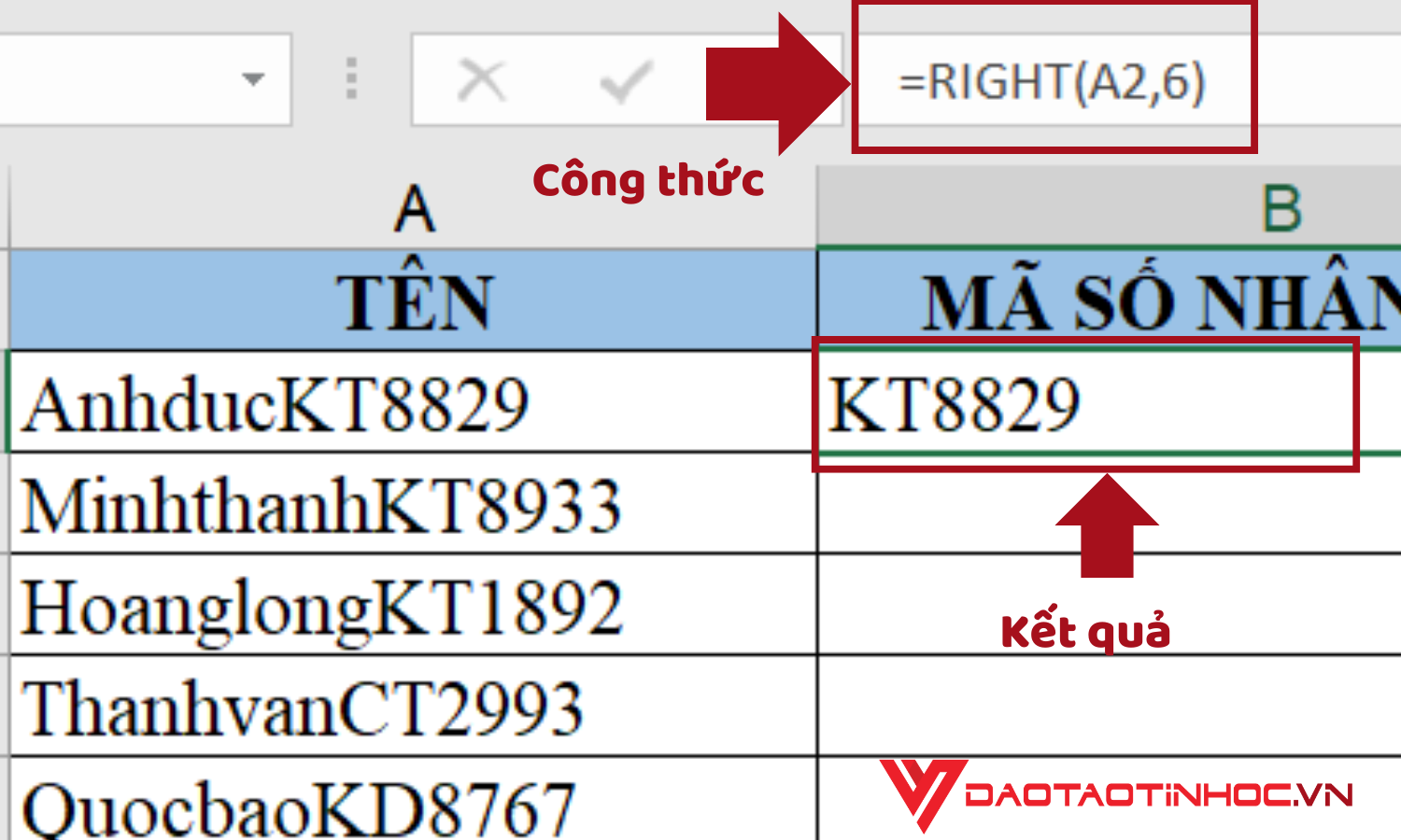Right - Hàm bỏ ký tự đầu trong Excel