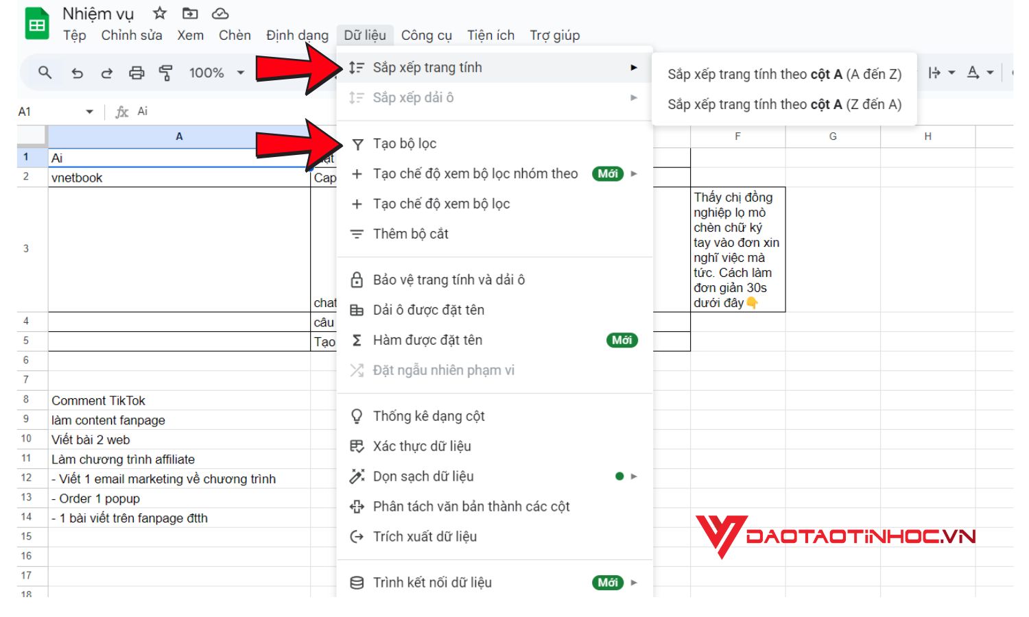 Sắp xếp dữ liệu trên Google Sheet