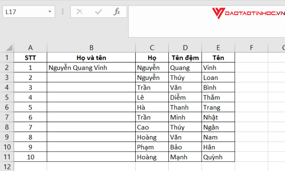 Sử dụng Flash Fill để ghép dữ liệu bước 1