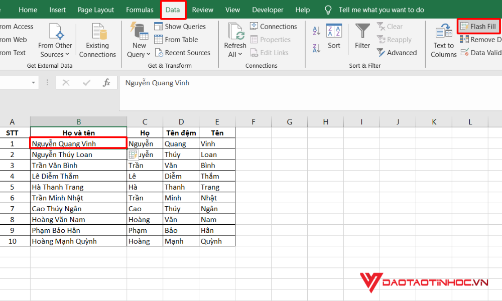 Sử dụng Flash Fill để ghép dữ liệu bước 2