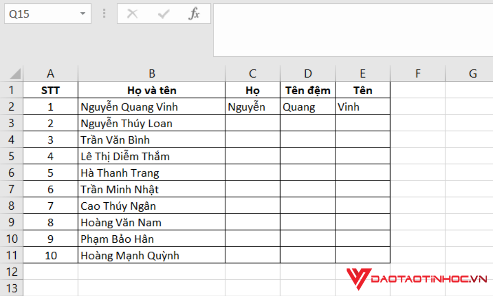 Sử dụng Flash Fill để tách dữ liệu bước 1